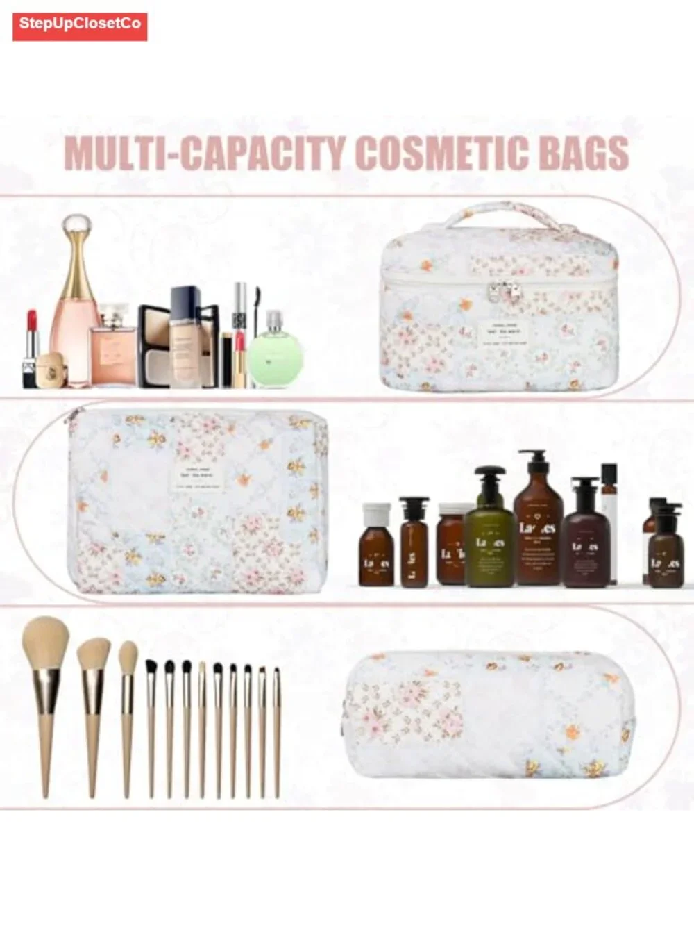 Quilted Corduroy Makeup Bag Set of 3 with Zipper